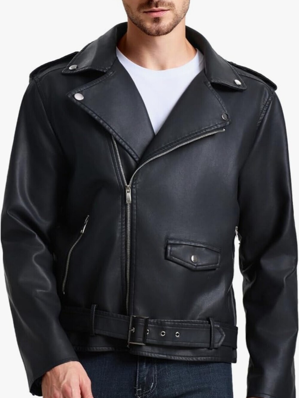 Men's Black Leather Biker Jacket - Classic Moto Style - Picture 2 of 5